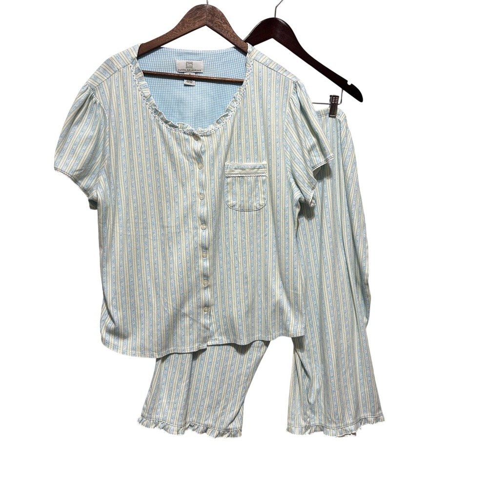 Karen Neuburger Women Cottage Coquette Capri Pajama Set 1X Blue Floral Lace Trim
